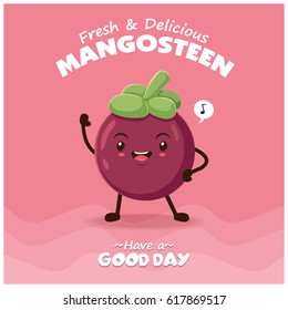 Vintage fruits poster design with vector Mangosteen character.