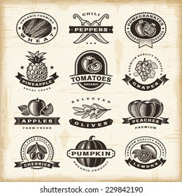 Vintage fruits and vegetables labels set. Fully editable EPS10 vector.