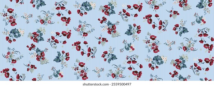 vintage full of blooming flowers and leaves with a bright mood on a light blue stripe seamless pattern.