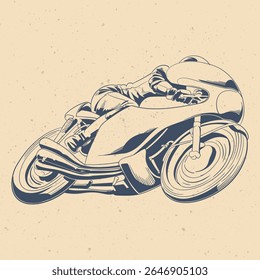 Ilustração de corrida de motocicleta de equilibrismo completo vintage com motociclista retro em arte de reboque aerodinâmico