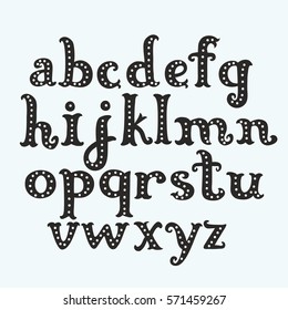 Vintage fun cartoon black lower case decorated with dots vector letters on white background. English hand drawn alphabet