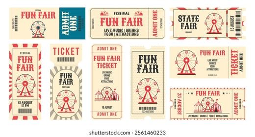 Vintage fun fair horizontal and vertical tickets set. Ferris wheel, circus tent, carousel, decorative elements and more details events. Flat vector illustration on white background