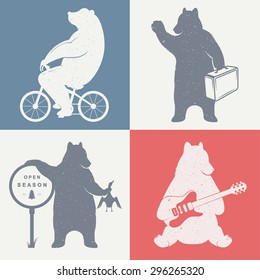 Vintage fun Illustration bear on a bike, hunter, travel and bear with musical guitar. Funny animals on a white background for posters and print T-shirts