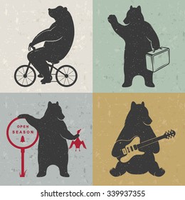 Vintage fun Illustration bear on a bike, hunter, travel and bear with musical guitar. Funny animals on a white background for posters and print T-shirts