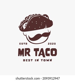 Vintage fun mister Taco logo design vector illustration, mexican culinary food logo design