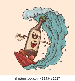 vintage funky beer mascot surving in the tropical sea waves. ale with face retro style illustration. 