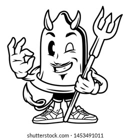 Vintage funny condom devil character showing okay hand sign with trident isolated vector illustration