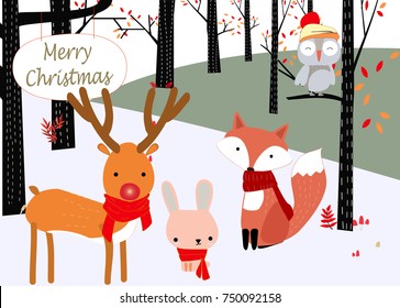 Vintage funny happy animal, reindeer, rabbit bunny,fox wolf,owl bird,in the jungle wild pattern joyful tropical woodland style,invitation Merry Christmas card background illustration vector