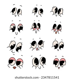 Vintage funny and happy set of retro cartoon faces. Vintage quirky characters smile collection. Funny muzzle with big cheeks, eyes and mouth. Contour vector illustration.