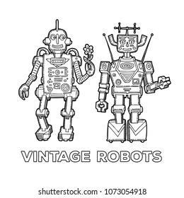 Vintage funny robots set with two friendly sketch mechanical androids. Printable version.