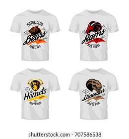 Vintage furious bear, ram, hornet and dinosaur bikers gang club vector logo concept. Street superior wear mascot badge design. Premium quality wild animal emblem t-shirt tee print illustration.