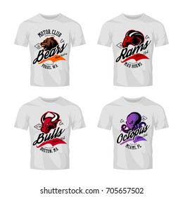 Vintage furious bear, ram, octopus and bull bikers gang club vector logo concept. Street superior wear mascot badge design. Premium quality wild animal emblem t-shirt tee print illustration.