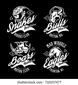 Vintage furious boar, eagle, snake and bull bikers gang club isolated vector logo concept. Street superior wear mascot badge design. Premium quality wild animal emblem t-shirt tee print illustration.