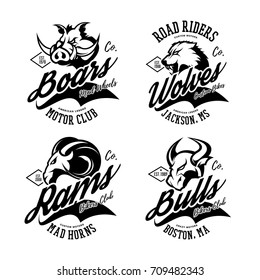 Vintage furious boar, ram, wolf and bull bikers gang club vector logo concept. Street superior wear mascot badge design. Premium quality wild animal emblem t-shirt tee print illustration.