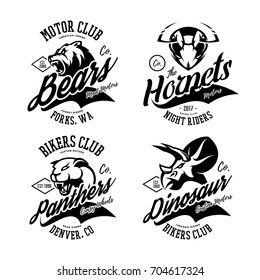 Vintage furious bull, boar, panther and dinosaur bikers gang club vector logo concept. Street superior wear mascot badge design. Premium quality wild animal emblem t-shirt tee print illustration.
