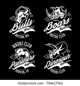 Vintage furious bull, panther, boar and dinosaur bikers gang club vector logo concept. Street superior wear mascot badge design. Premium quality wild animal emblem t-shirt tee print illustration.