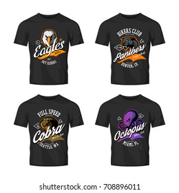 Vintage furious cobra, eagle, panther and octopus bikers gang club vector logo concept. Street superior wear mascot badge design. Premium quality wild animal emblem t-shirt tee print illustration.
