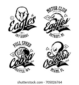 Vintage furious cobra, octopus and eagle bikers gang club vector logo concept. Street superior wear mascot badge design. Premium quality wild animal emblem t-shirt tee print illustration.