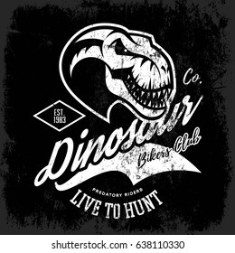 Vintage furious dinosaur bikers gang club tee print vector design. Savage monster head street wear t-shirt emblem. Premium quality wild reptile superior mascot professional logo concept illustration.

