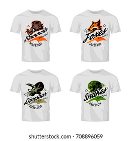 Vintage furious dinosaur, snake, fox and mammoth bikers gang club vector logo concept. Street superior wear mascot badge design. Premium quality wild animal emblem t-shirt tee print illustration.