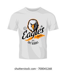 Vintage furious eagle bikers gang club vector logo concept isolated on white t-shirt mockup. Street wear mascot badge design. Premium quality wild bird emblem t-shirt tee print illustration.
