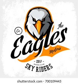 Vintage furious eagle bikers gang club vector logo concept isolated on white background. Street wear mascot badge design. Premium quality wild bird emblem t-shirt tee print illustration.