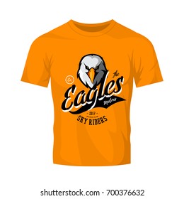 Vintage furious eagle bikers gang club vector logo concept isolated on orange t-shirt mockup. Street wear mascot badge design. Premium quality wild bird emblem t-shirt tee print illustration.