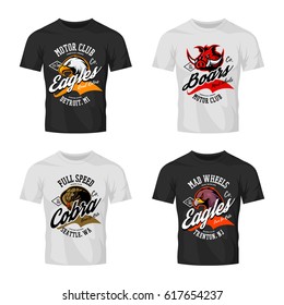 Vintage furious eagle, boar, cobra bikers club tee print vector vector design isolated on t-shirt mockup. Street wear t-shirt emblem set. Premium quality wild animal logo concept illustration.