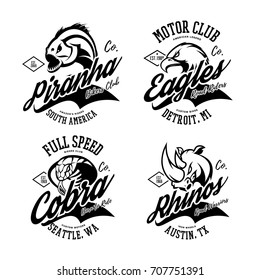 Vintage furious eagle, cobra, rhino and piranha bikers gang club vector logo concept. Street superior wear mascot badge design. Premium quality wild animal emblem t-shirt tee print illustration.