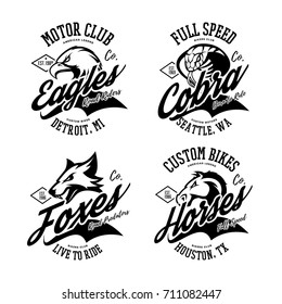 Vintage furious eagle, snake, horse and fox bikers gang club vector logo concept. Street superior wear mascot badge design. Premium quality wild animal emblem t-shirt tee print illustration.