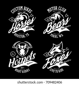 Vintage furious hornet, bear, horse and fox bikers gang club vector logo concept. Street superior wear mascot badge design. Premium quality wild animal emblem t-shirt tee print illustration.