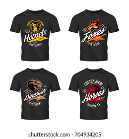 Vintage furious hornet, fox, horse and dinosaur bikers gang club vector logo concept. Street superior wear mascot badge design. Premium quality wild animal emblem t-shirt tee print illustration.