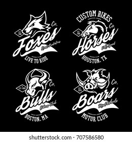 Vintage furious horse, bull, boar and fox bikers gang club vector logo concept. Street superior wear mascot badge design. Premium quality wild animal emblem t-shirt tee print illustration.