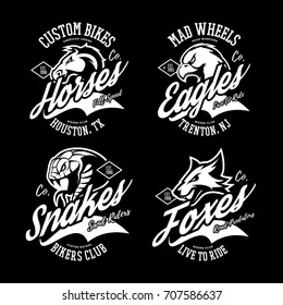 Vintage furious horse, eagle, snake and fox bikers gang club vector logo concept. Street superior wear mascot badge design. Premium quality wild animal emblem t-shirt tee print illustration.
