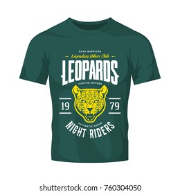 Vintage furious leopard custom motors club vector logo on green t-shirt mock up. Premium quality bikers band logotype tee-shirt emblem illustration. Wild animal street wear retro tee print design.