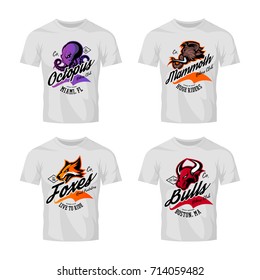 Vintage furious mammoth, fox, bull, octopus vector bikers club logo concept on white t-shirt mockup set. Street wear mascot badge design. Premium quality emblem t-shirt tee print illustration.