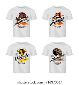 Vintage furious mammoth, fox, hornet, dinosaur vector bikers club logo concept on t-shirt mockup set. Street wear mascot badge design. Premium quality emblem t-shirt tee print illustration.