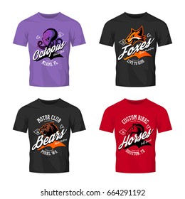 Vintage furious octopus, bear, fox and horse bikers club tee print vector design on t-shirt mockup. Street wear t-shirt emblem set. Premium quality wild animal mascot logo concept illustration.