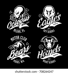 Vintage furious octopus, eagle, hornet and bear bikers gang club vector logo concept. Street superior wear mascot badge design. Premium quality wild animal emblem t-shirt tee print illustration.
