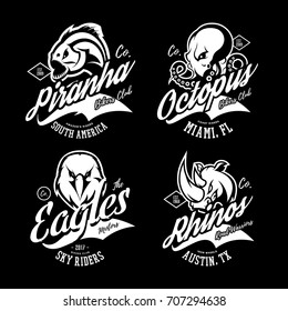 Vintage furious octopus, eagle, rhino and piranha bikers gang club vector logo concept. Street superior wear mascot badge design. Premium quality wild animal emblem t-shirt tee print illustration.