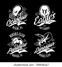 Vintage furious octopus, panther, eagle and dinosaur bikers gang club vector logo concept. Street superior wear mascot badge design. Premium quality wild animal emblem t-shirt tee print illustration.