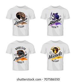 Vintage furious panther, rhino, hornet and dinosaur bikers gang club vector logo concept. Street superior wear mascot badge design. Premium quality wild animal emblem t-shirt tee print illustration.