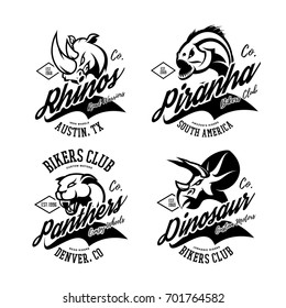 Vintage furious piranha, panther, rhino and dinosaur bikers gang club vector logo concept. Street superior wear mascot badge design. Premium quality wild animal emblem t-shirt tee print illustration.