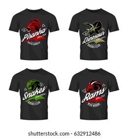 Vintage furious piranha, ram, snake and dinosaur bikers club tee print vector design on t-shirt mockup. Street wear t-shirt emblem set. Premium quality wild animal mascot logo concept illustration.