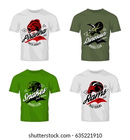 Vintage furious piranha, ram, snake and dinosaur bikers club tee print vector design on t-shirt mockup. Street wear t-shirt emblem set. Premium quality wild animal mascot logo concept illustration.