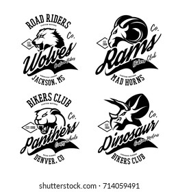 Vintage furious ram, wolf, panther, dinosaur vector bikers club logo concept isolated on white. Street wear mascot badge design set. Premium quality emblem t-shirt tee print illustration.