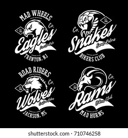 Vintage furious ram, wolf, snake and eagle bikers gang club isolated vector logo concept. Street superior wear mascot badge design. Premium quality wild animal emblem t-shirt tee print illustration.