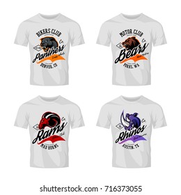 Vintage furious rhino, panther, bear, ram vector bikers club logo concept on t-shirt mockup set. Street wear mascot badge design. Premium quality emblem t-shirt tee print illustration.