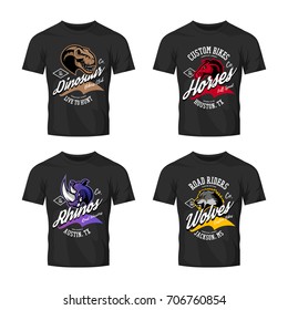 Vintage furious rhino, wolf, horse and dinosaur bikers gang club vector logo concept. Street superior wear mascot badge design. Premium quality wild animal emblem t-shirt tee print illustration.