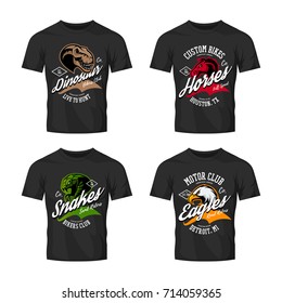Vintage furious snake, eagle, dinosaur, horse vector bikers club logo concept on black t-shirt mockup set. Street wear mascot badge design. Premium quality emblem t-shirt tee print illustration.